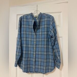 L.L.Bean Women’s VTG Linen Cotton Blue Plaid Shirt Tunic Size S Banded Collar